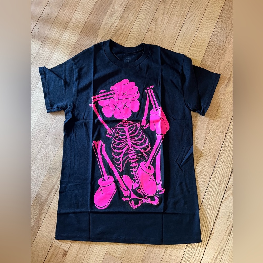 KAWS Skeleton New Fiction T-Shirt Black Pink 2021 (KAWS-SS02) Size Small